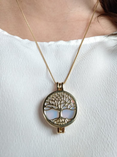 Colar Relicário Árvore Da Vida Ouro Opalina + 6 Pedras