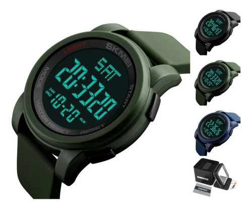 Reloj Cronometro Hombre Skmei 1257 Deportivo Led Alarma Malla Verde Bisel Negro Fondo Negro