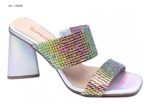 Imagem 2 de 4 de Tamanco Salto Grosso Triangular Cor Metalizado Prata Fashion