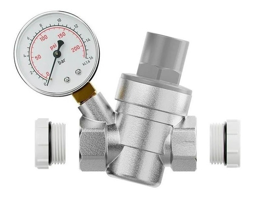 Válvula Redutora Pressão C/ Manômetro 1/2 E 3/4 Blukit Acabamento Fosco Cor Prateado