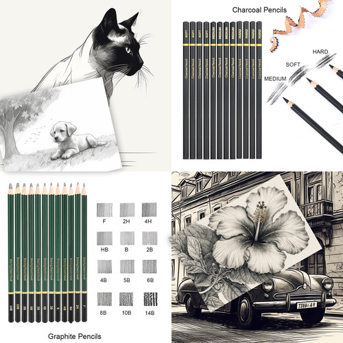 Ununmx 72 Piezas Kit De Lápices De Dibujo, Arte Dibujo Profesional Para Colorear, Pintura Y Boceto, Incluye Carboncillo, Bosquejo, Lápices De Colores, Libro De Bocetos, Estuche Portátil Y Más