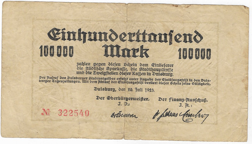 Alemania Raro Cheque De Bolsillo 100 Mil Marcos 20/7/ 1923 