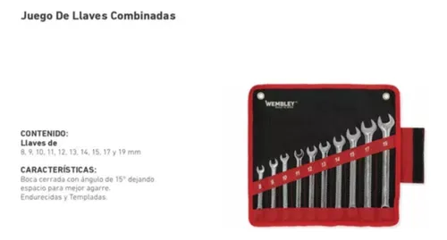 Set Kit 10 Llaves Combinadas 8 A 19 Mm Wembley Acodadas 15°