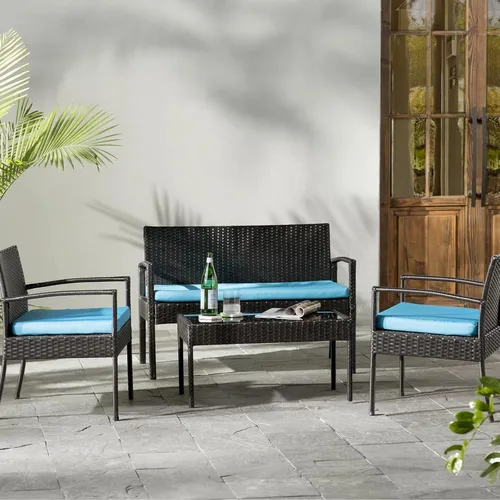Juego Jardin Ratan Mesa Sillón 2 Cuerpos Butacas Almohadones Estructura Azul
