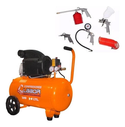 Compresor 24 Lt 2 Hp Monofásico Labor + Kit Accesorios Mm