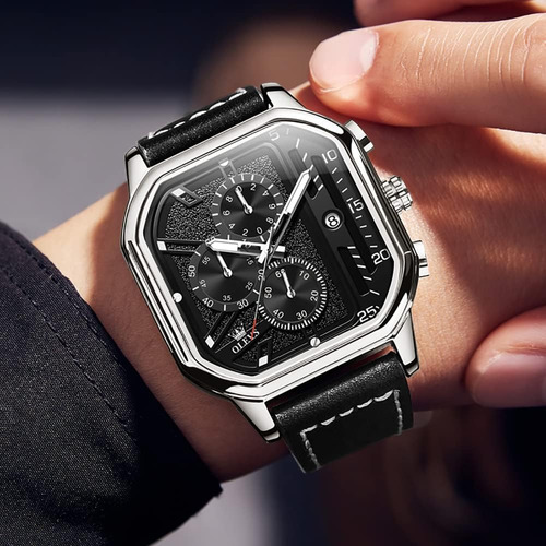 Olevs Relojes Cuadrados Para Hombres Cronógrafo De Cuero Mod