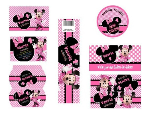 Kit Imprimible Minnie Mouse Rosa Y Negra Tarjetas Cumples Ca