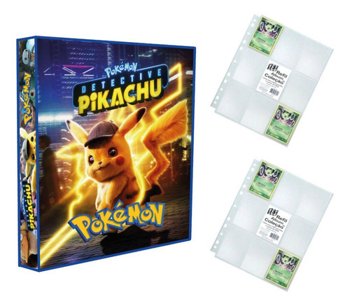 Álbum Pasta Fichário Pokemon + 20 Folhas Detetive Pikachu