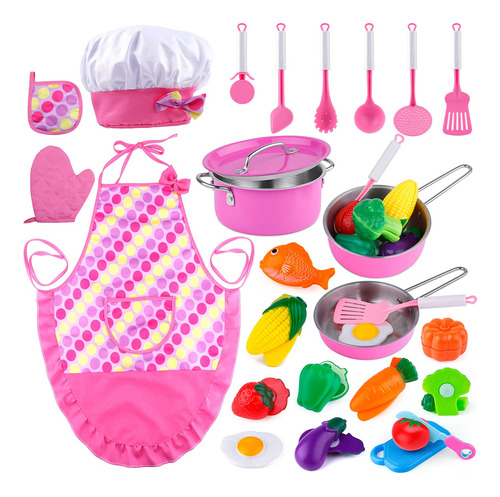 Set Cocina Infantil 26 Piezas Con Delantal Y Gorro Chef Color