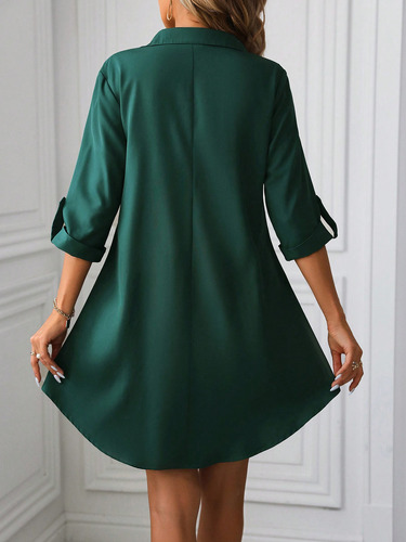 Vestido Camisa De Con Cuello De Solapa Y Mangas Enrolladas