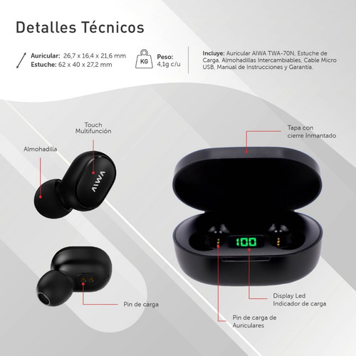 Auriculares In-ear Inalámbrico Bluetooth Negro Aiwa 70n