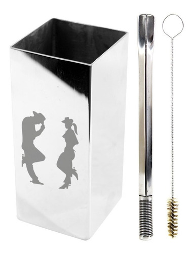 Kit Bomba E Copo Quadrado Terere Cowboy E Cowgirl Aço Inox