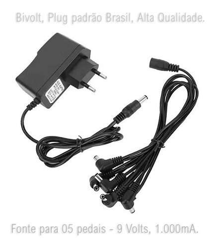 Imagem 2 de 7 de Fonte 9v P Pedal De Guitarra 1000ma Com 05 Saídas (5 Pedais)