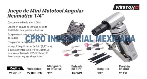 Mini Mototool Angular Neumatico 1/4 Kit Weston Plus