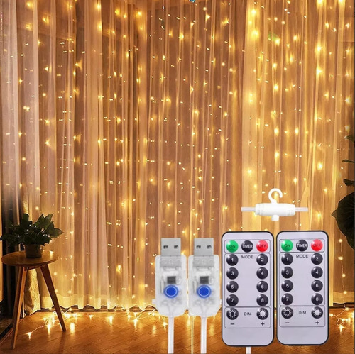 300 Led Luces De Cortina , 3Mx3M Impermeable Iluminación,uces De Cortina De Navidad Blanco Cálido Con Gancho, 8 Modos de Luces con Control Remoto, Cadena de Luces, Decoración para Dormitorio, Fiestas,