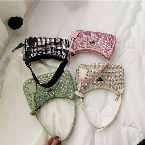 Cartera De Mujer Mini Bag Noche Axilar Mano Piedras Strass Acabado De Los Herrajes Níquel Color Verde Claro Diseño De La Tela Lisa