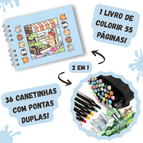 Kit Livro Colorir Urso Bob (azul) Capa Dura + 36 Canetas Touch Ponta Dupla