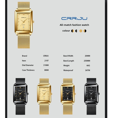 Relógio de pulso Crrju 2197 com corria de aço inoxidável fondo preto/prata