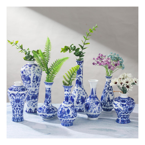 Hushee Juego De 8 Jarrones Chinoiserie De Porcelana Azul Y B