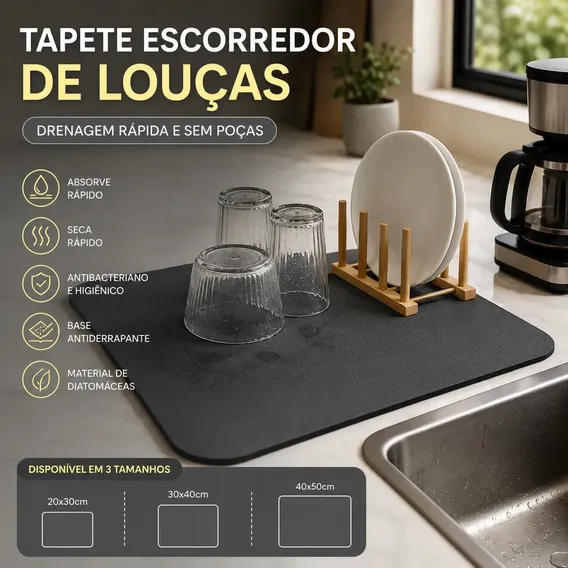 Tapete Escorredor De Louça Drenagem Pratos Copos 30cm X 40cm Cor Preto