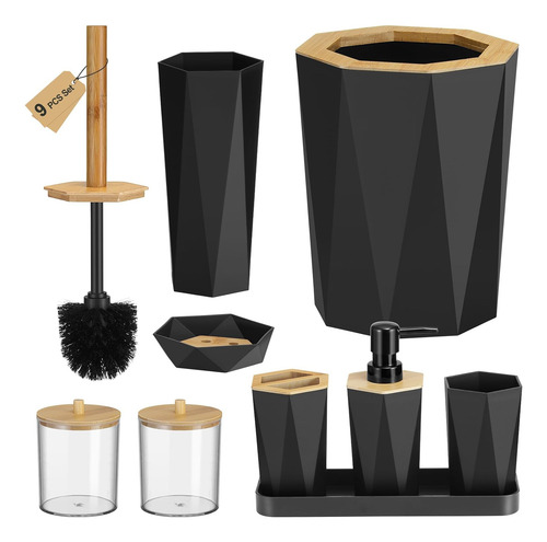 Juego De Accesorios De Baño De 9 Piezas, Color Negro Y Bambú