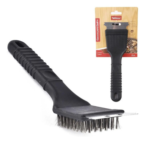 Escova Wellmix Para Limpar Grelha Churrasqueira 2 em 1 Com Espátula Aço