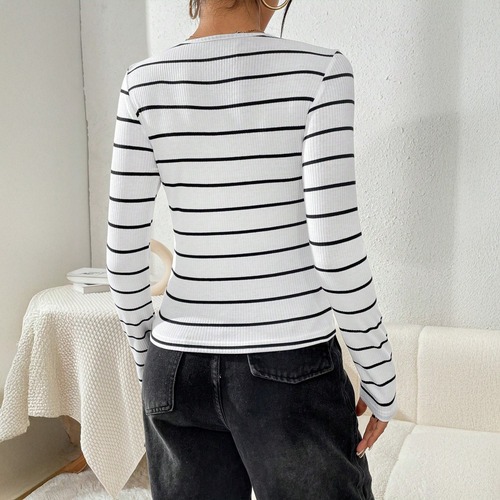 Playera Informal De Manga Larga A Rayas Cuello Redondo Moda