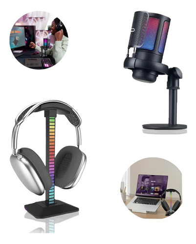 Kit Microfone De Mesa E Suporte Led Rgb P/ Headset Gamer Cor Preto