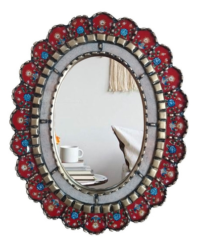 Espejo Ovalado Cuscaja Peruano En Color Rojo