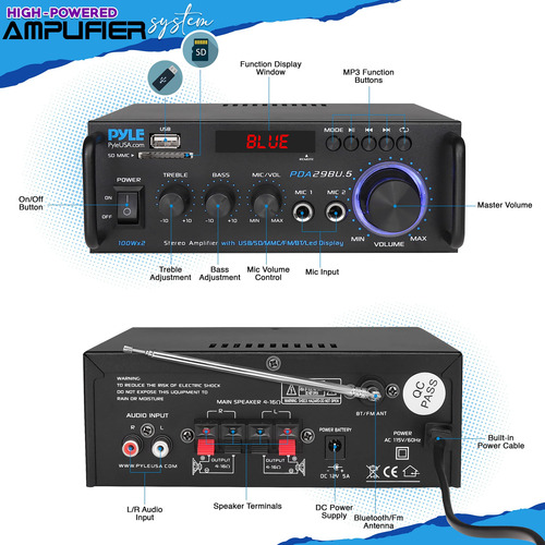Amplificador De Potencia Estéreo Pyle Pda29bu.5 200w Con Blu
