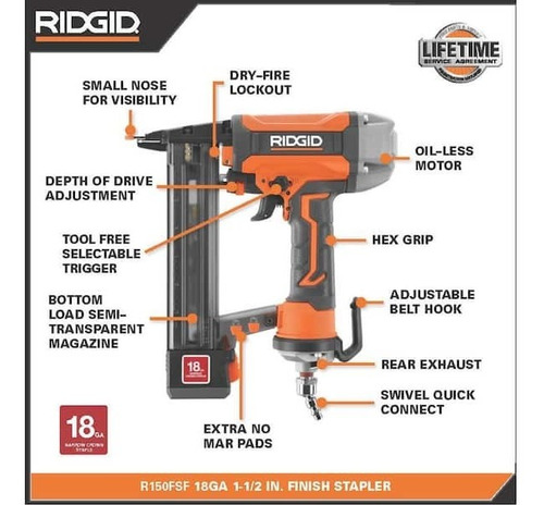 Grapadora Neumática Ridgid Calibre 18 Grapas De Corona 1/4 (Usado)