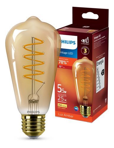 Ampolleta Led Philips Vintage Edison E27 St64 5.5w Calida