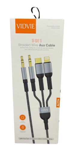 Cable Trenzado 3 En 1 Lighting / Usb-c 3.5mm Negro Vidvie