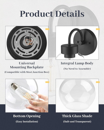 Wla1433-mbk - Lámpara De Baño De 1 Luz Negra Mate Sobre Espe