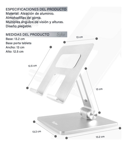 Soporte de Aluminio Ajustable para Tabletas Soku CEL-P3GYVDA6 Color Plata