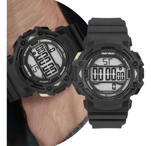 Relógio Masculino Digital De Pulso Com Pulseira De Silicone À Prova D' Água Preto Redondo Casual Esportivo Surf Com Cronômetro, Alarme, Calendário E Iluminação Noturna Mormaii Wave Mo230200/8x
