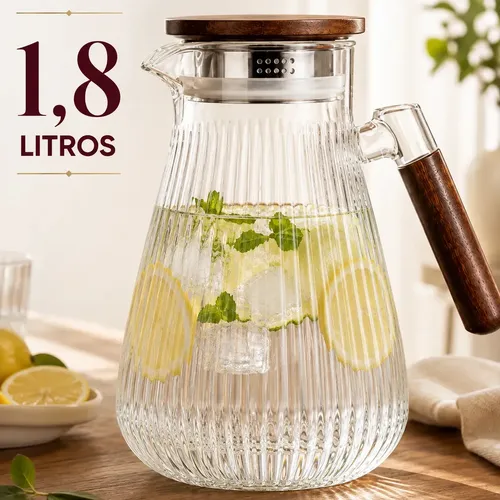 Jarra Vidro Borossilicato 18 Litros Tampa Inox Hermetica Agua Suco Transparente Cabo Nordico Madeira