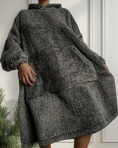 Maxi Buzo Manta Corderito Bifásico Canguro Peluche Oversize