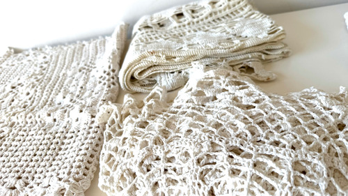 Vintage Lote Textil X10 Mantel Carpe Almohadon Tejido Croché Blanco Liso (Usado)