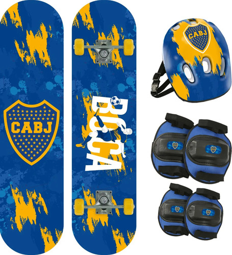 Skate Kit Casco Proteccion Rodilleras Infantil Patineta Niño Azul Boca Juniors