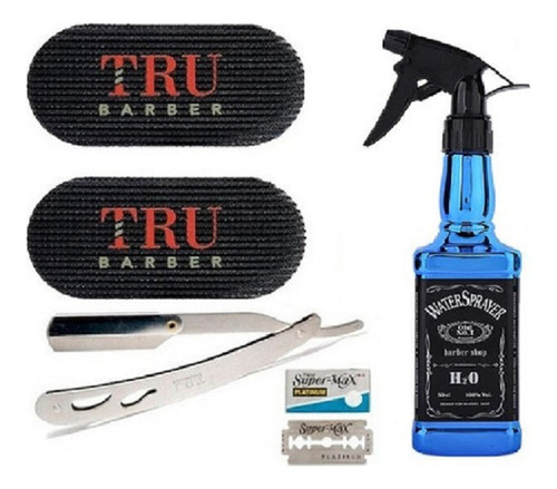 Rociador Whisky + Gripper Tru Barber Negro + Navaja De Corte