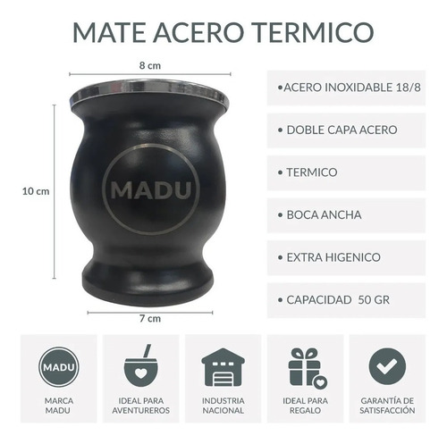 Imagen 5 de 8 de Mate De Acero Inox Termico Premium Bombilla Chata Madu