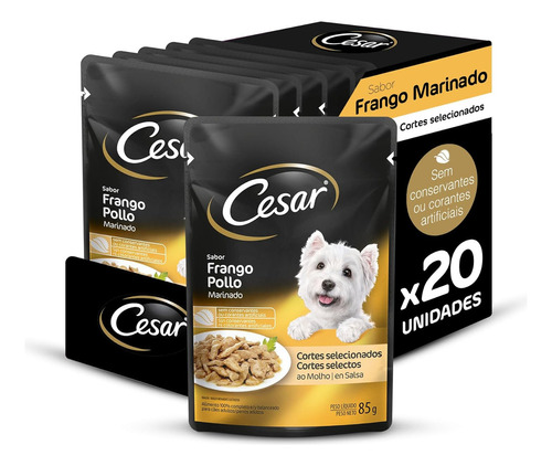 Pack Ração Úmida Cesar Para Cachorros Adultos Sachês Cortes Selecionados Frango Marinado ao Molho 85g - 20 unidades