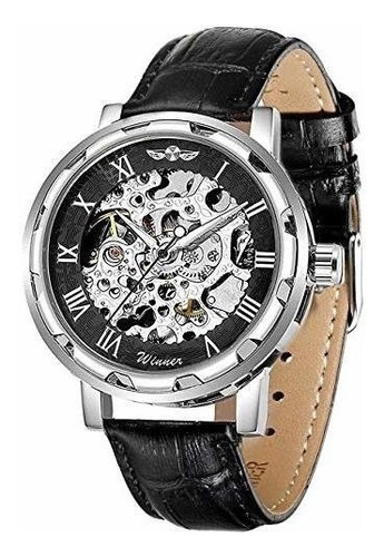 Gute Classic Steampunk Mechanical Wristwatch Black Skeleton 