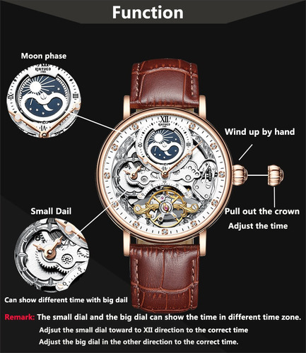 Kinyued Reloj Elegante Mecánico Automático Skeleton Piel