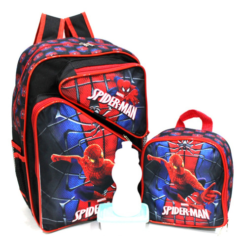 Mochila Homem Aranha Teia Costas Grande Spiderman+ Lancheira Cor Preto Desenho do tecido Homem-Aranha