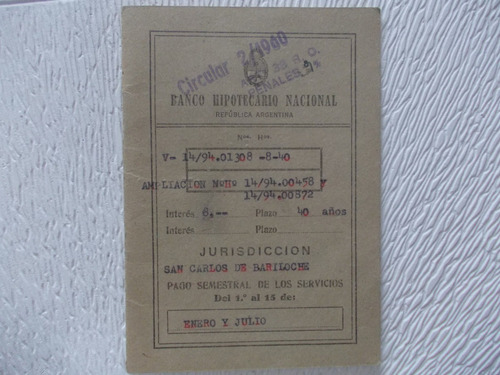 6925- Banco Hip. Nacion Pago Servicios Bariloche Año 1961