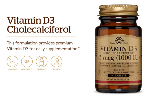 Solgar Vitamina D3 Cholecalciferol 1000iu 90tab Sabor Sin sabor
