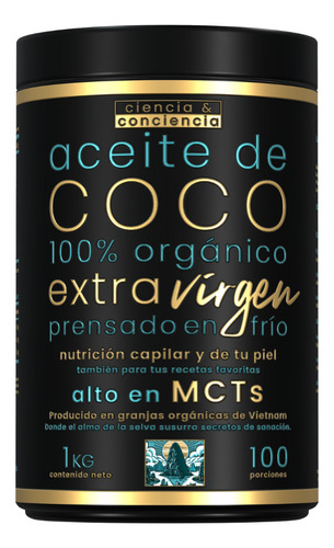 Aceite Coco 100% Orgánico 1lt Prensado Al Frio Extra Virgen