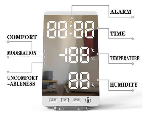 Reloj Led Con Espejo, Termómetro E Higrómetro Doméstico
